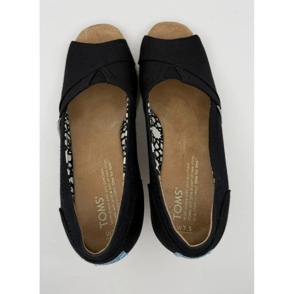 TOMS Womens 7.5 Black Canvas Peep Toe Espadrille Wedge Heels Slip On Shoes